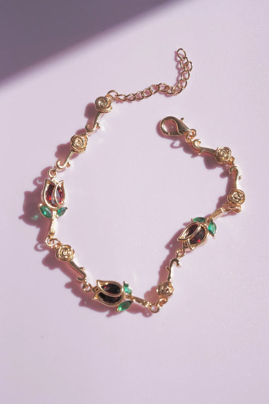 The Beauty Rose Bracelet- Red Rose Bracelet--Gold Plated -Princess Bracelet
